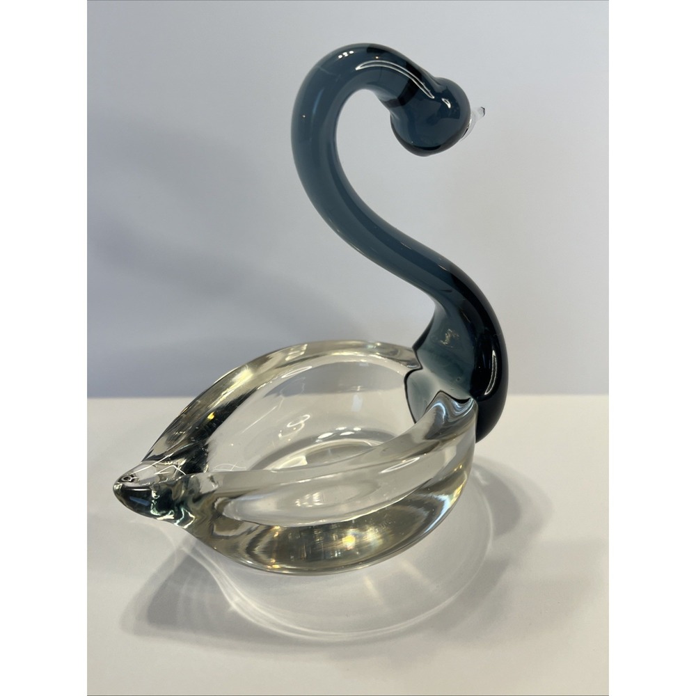 Swan Hand Blown Art Glass Jewelry Dish Smoky Blue Murano Style Trinket Bowl Vtg - Picture 7 of 12